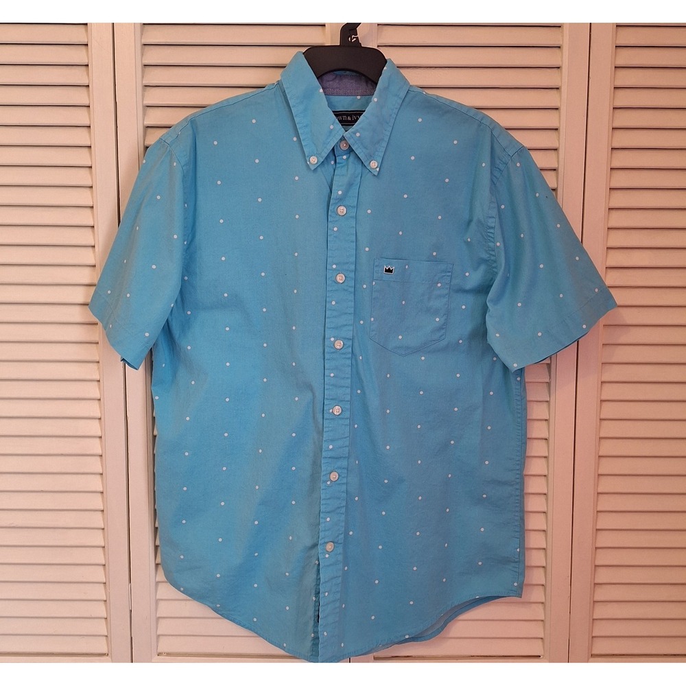 Crown & Ivy Boys Size S Blue White Polka Dit Button Down Shirt Logo Classic Fit